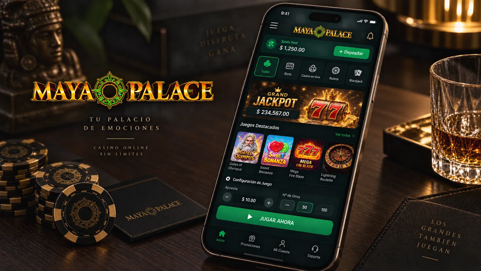 Dispositivo móvil mostrando interfaz de juego y gestión de saldo en mayapalace.co