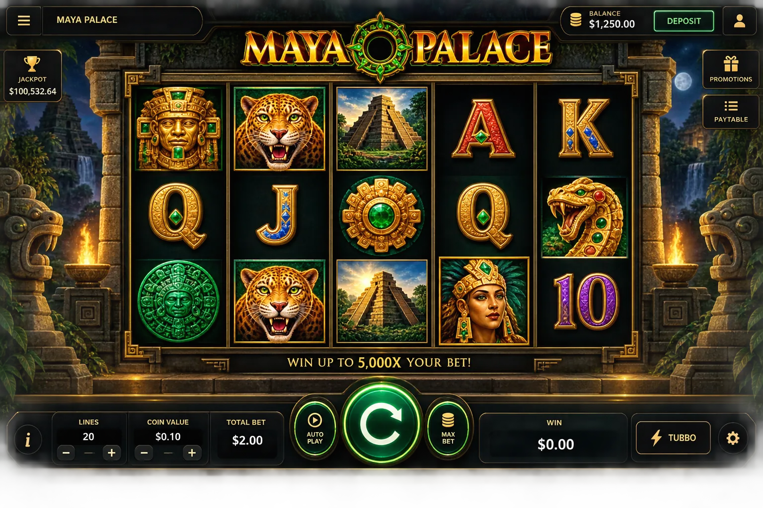 Controles de ritmo de juego y panel de apuestas en tragamonedas digital