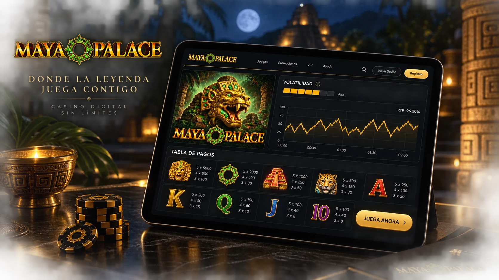 Pantalla informativa con detalles de volatilidad y reglas de tragamonedas en línea