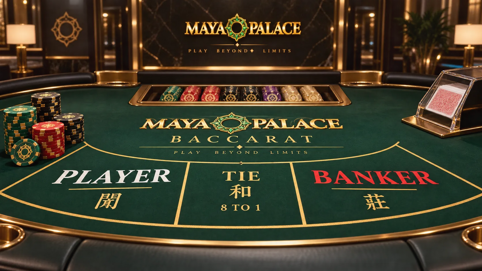 Detalle del tapete de baccarat con la casilla de apuesta de empate