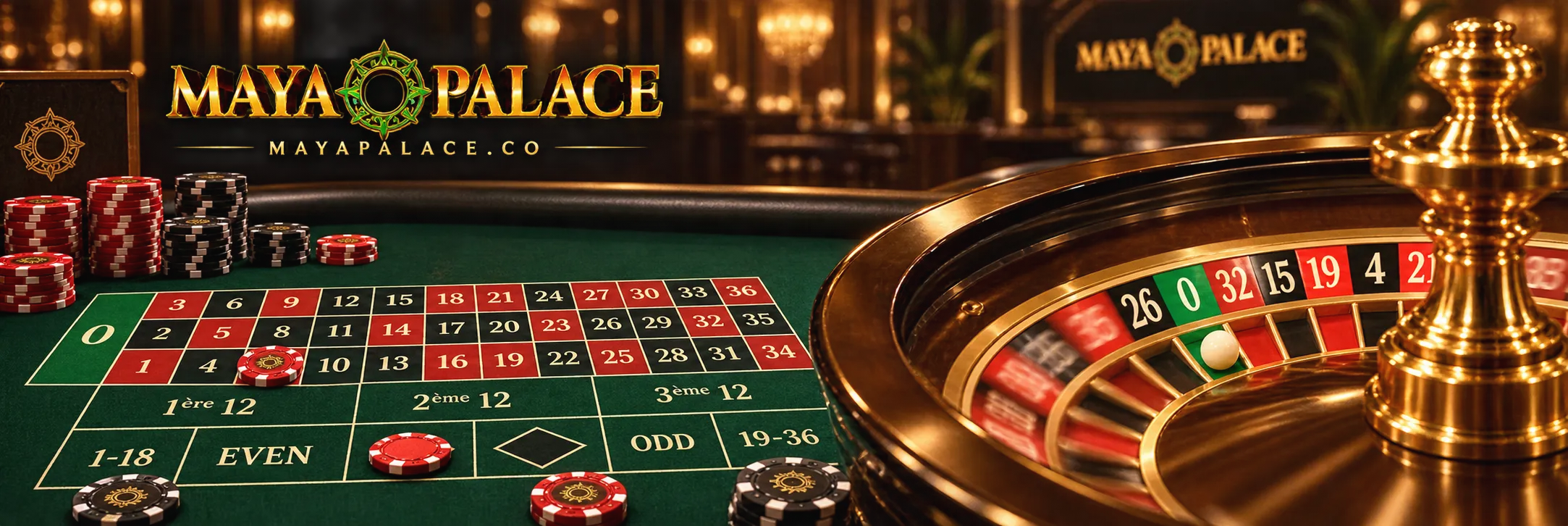 Rueda de ruleta con la bola cerca de la casilla cero y fichas en apuestas exteriores