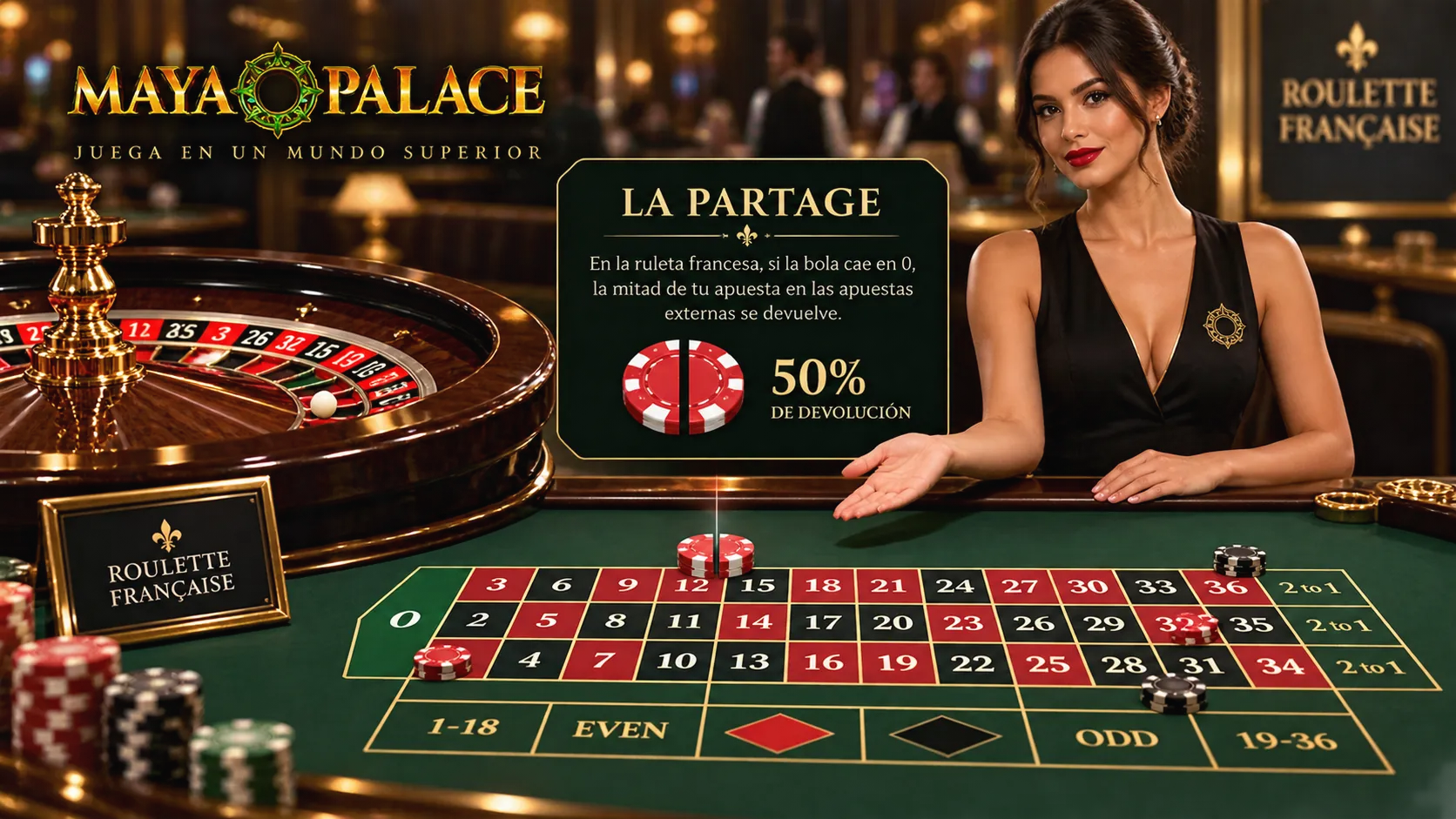 Mesa de ruleta francesa mostrando la división de fichas bajo la regla La Partage