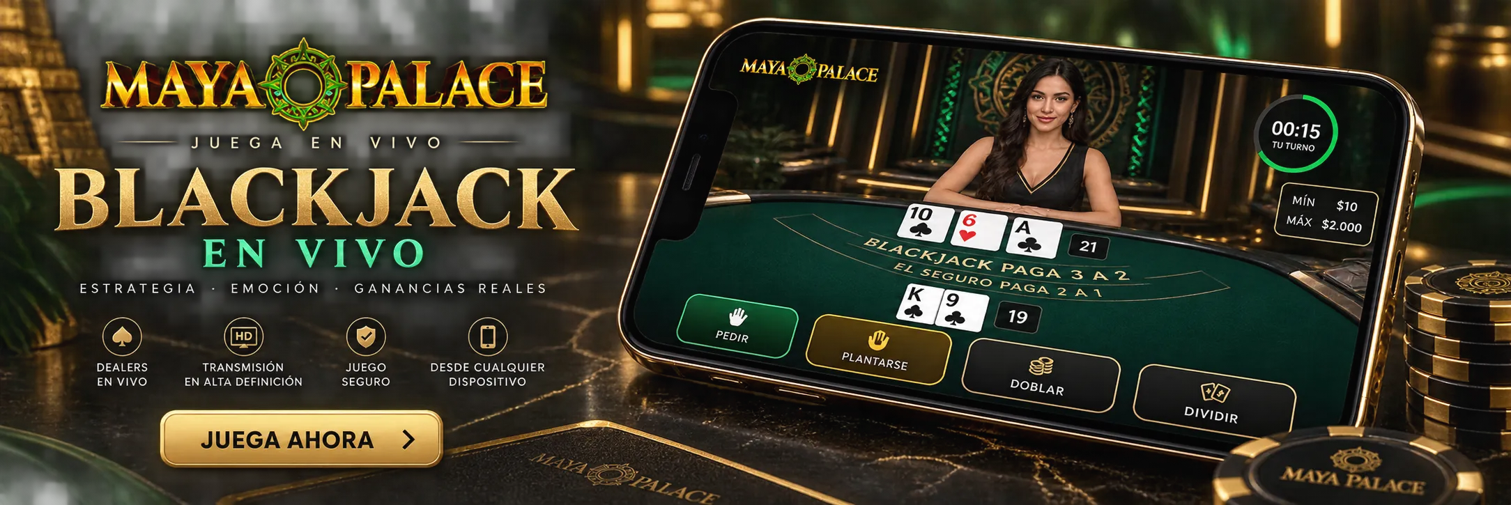 Interfaz móvil de blackjack con apuestas infinitas mostrando opciones de jugada